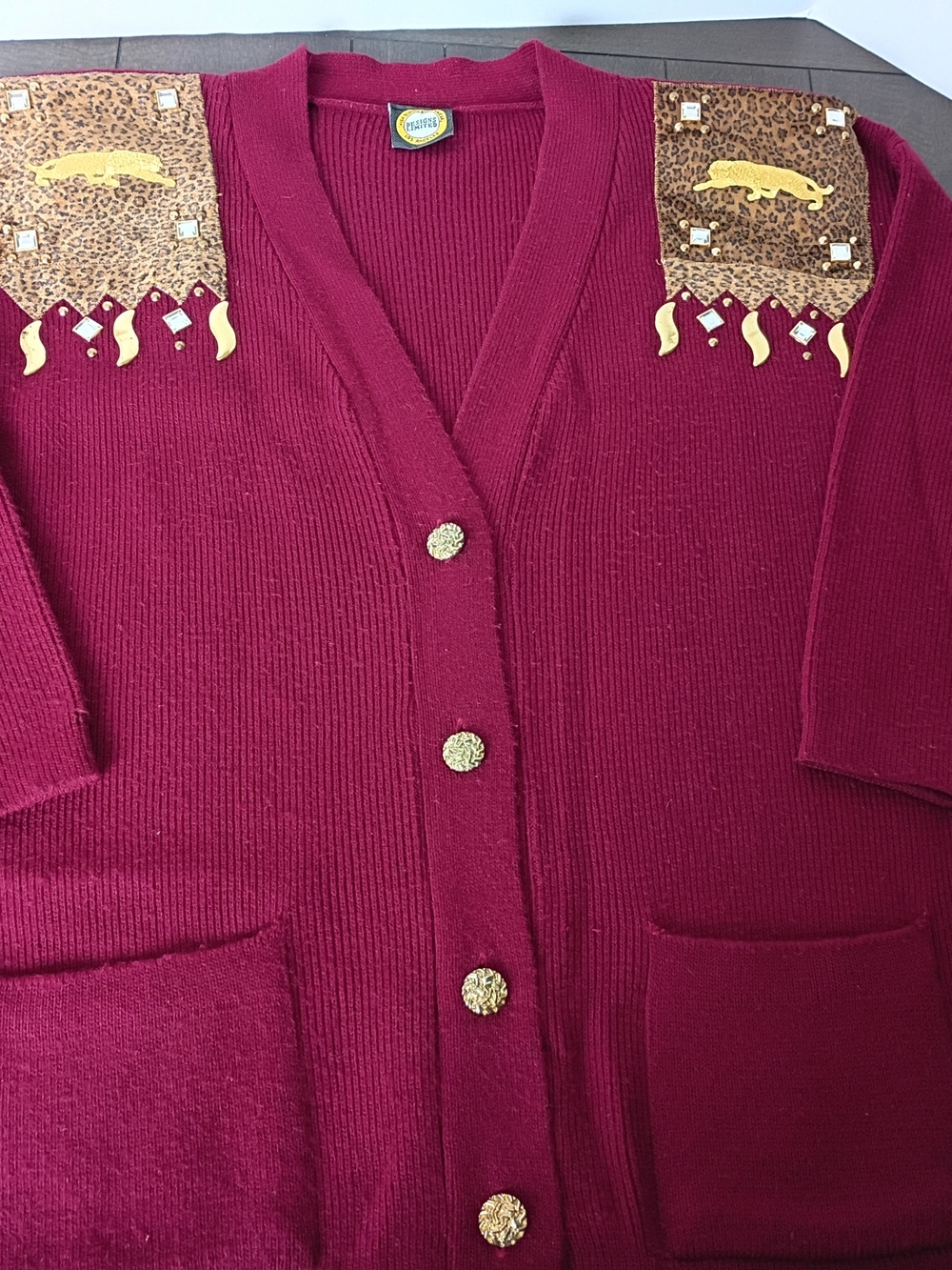 Women's Burgundy Cardigan with Embellished Leopard-Print Shoulders
